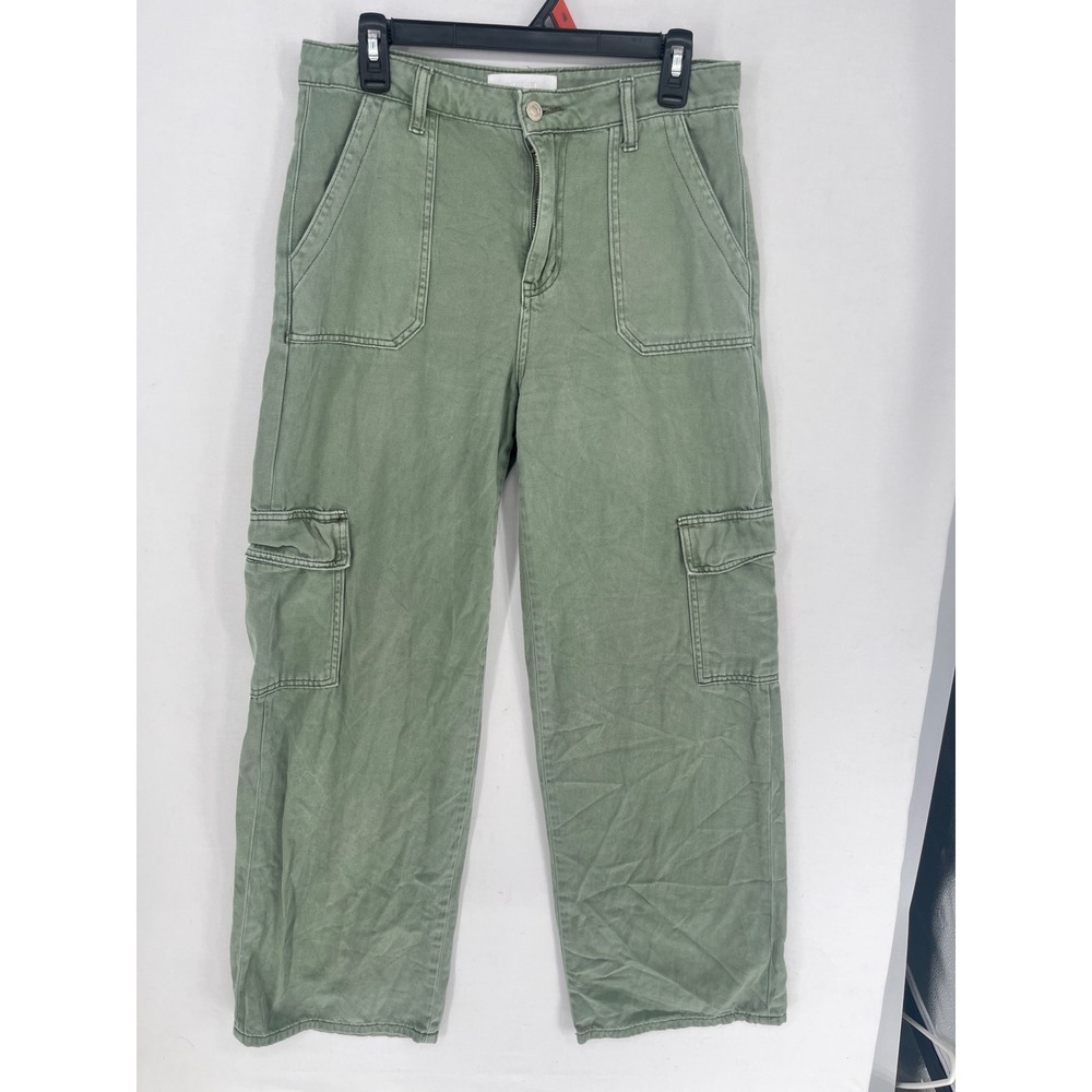 Vervet Blue Cargo Pants Womens 28 Green Wide Leg High Rise Cotton Utility T5823A